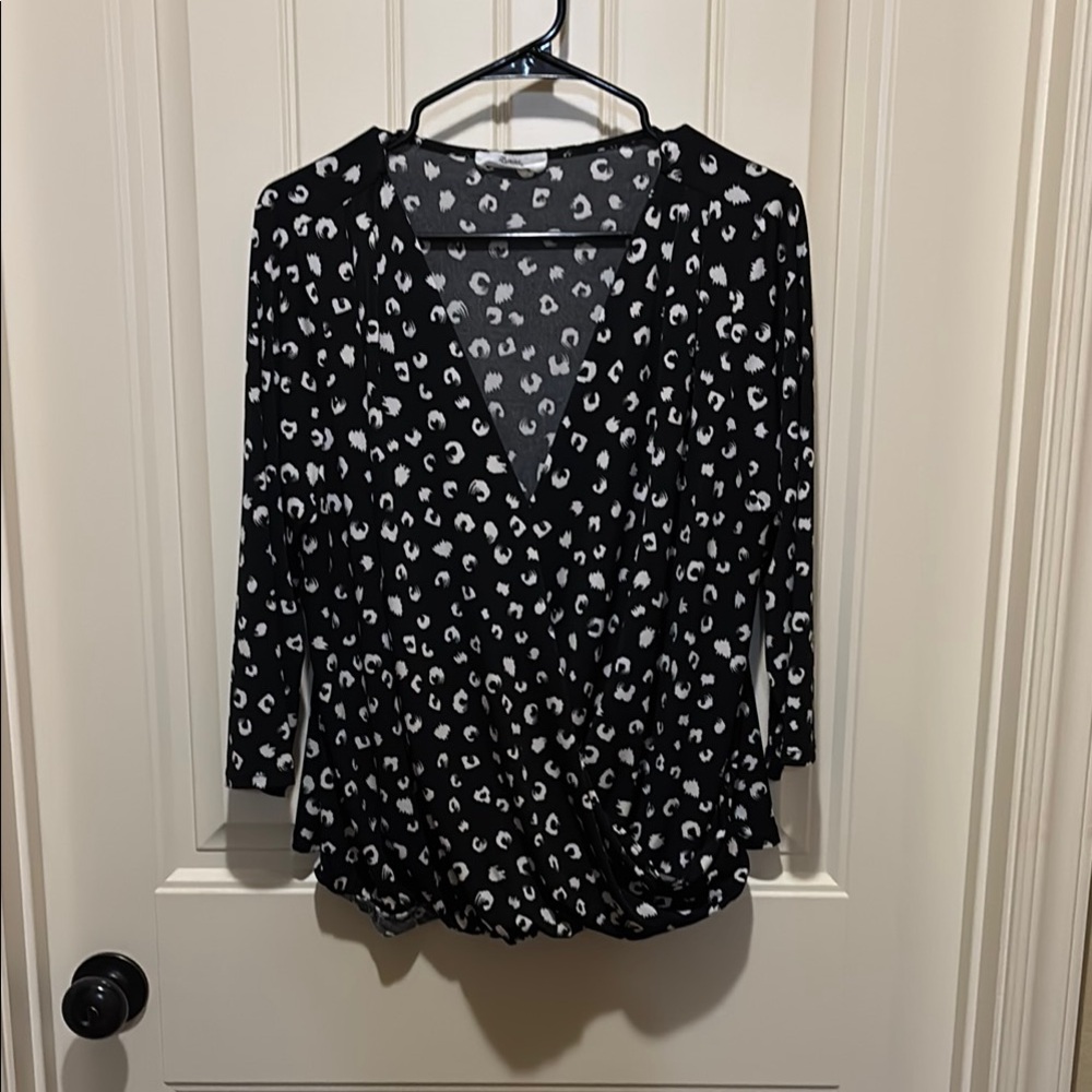 Black and White Wrap Blouse with 3/4 Sleeves